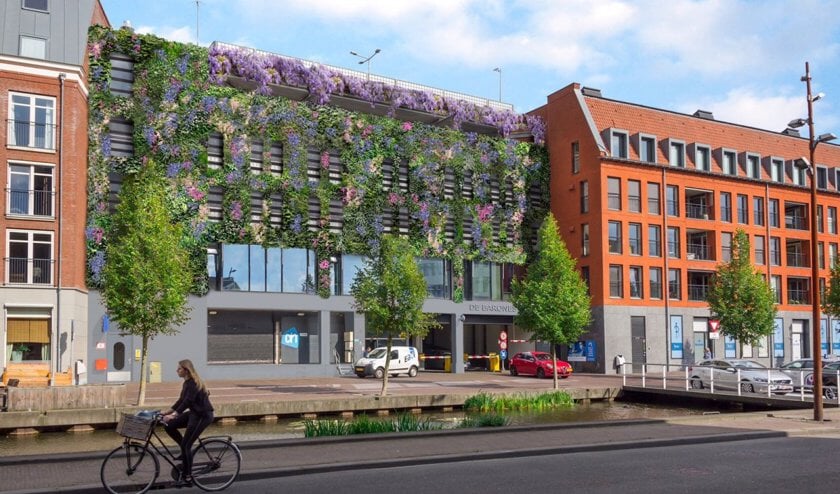 De groene gevel van de Barones-parkeergarage in het ontwerp.