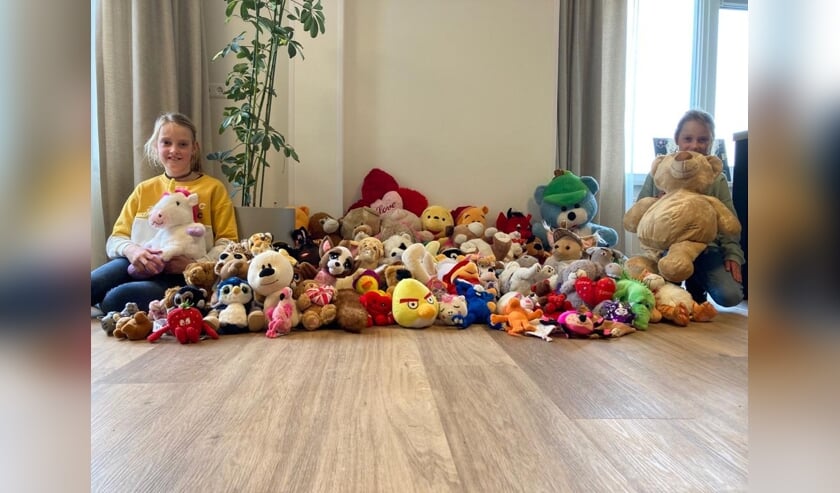 <p>De Krabbendijkse zusjes Fay en Emmie tussen de knuffels die ze hebben ingezameld.</p>
