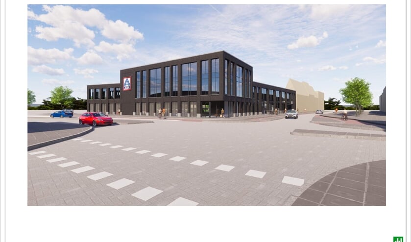 <p>De geplande nieuwbouw van de Aldi, gezien vanaf de Spuikomweg.</p>